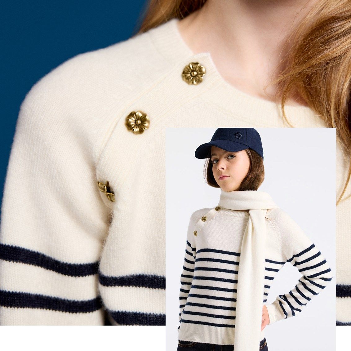 Entdecken Sie den Kaschmir-Matrosenpullover und den passenden Schal
