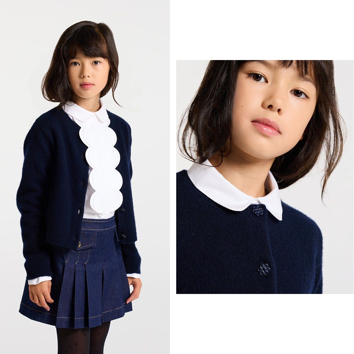 Entdecken Sie den Mädchen-Look mit einer weißen Popeline-Bluse mit verziertem Kragen.