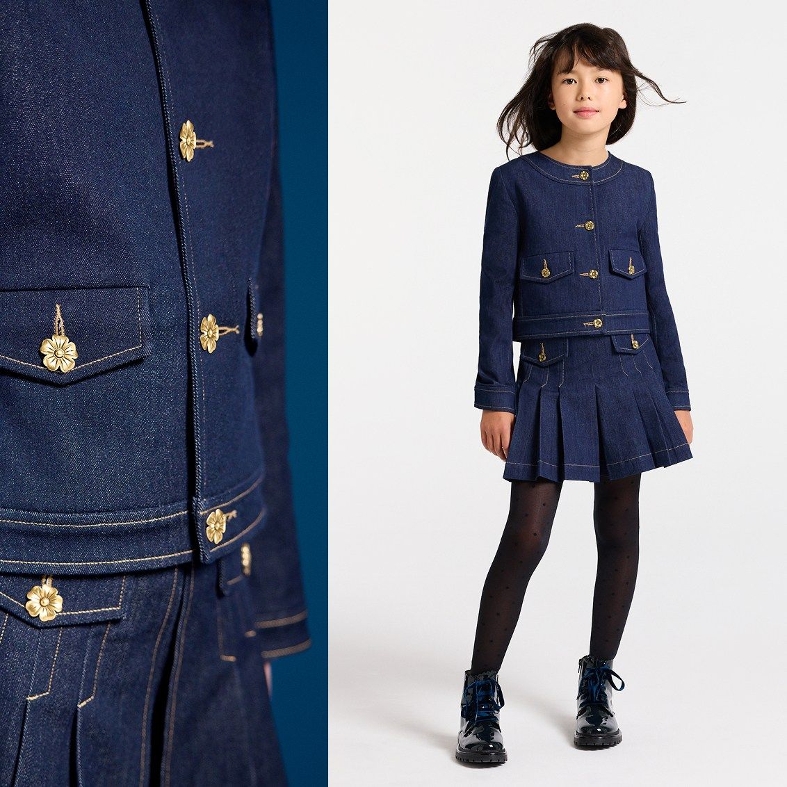 Entdecken Sie das Outfit aus Rohdenim mit kurzer Jacke und Faltenrock.