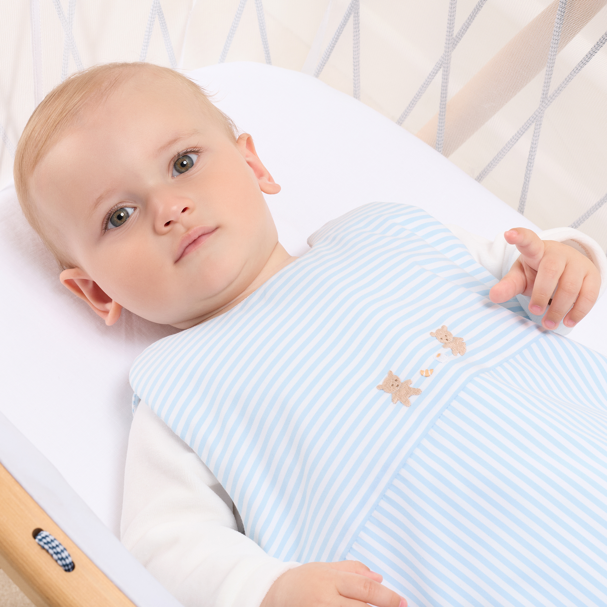 Jacadi - Babyschlafsack für Jungen, 0-6 Monate, aus gestreiftem Popeline - Weiss/blau